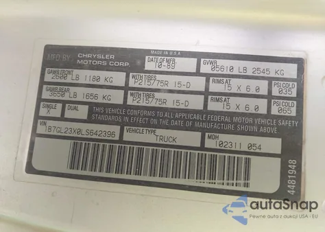 1990 Dodge Dakota из США, поврежденный, VIN 1B7GL23X0LS642396